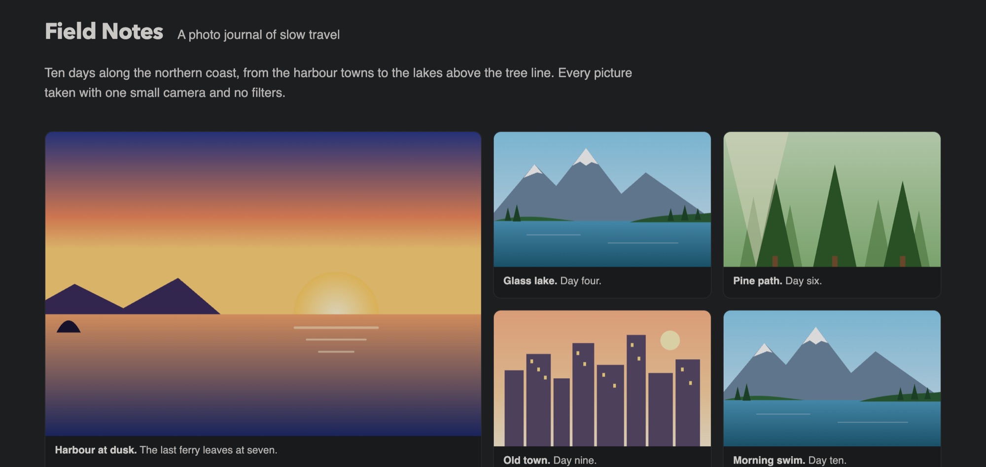 A photo journal in dark mode with natural-looking photos