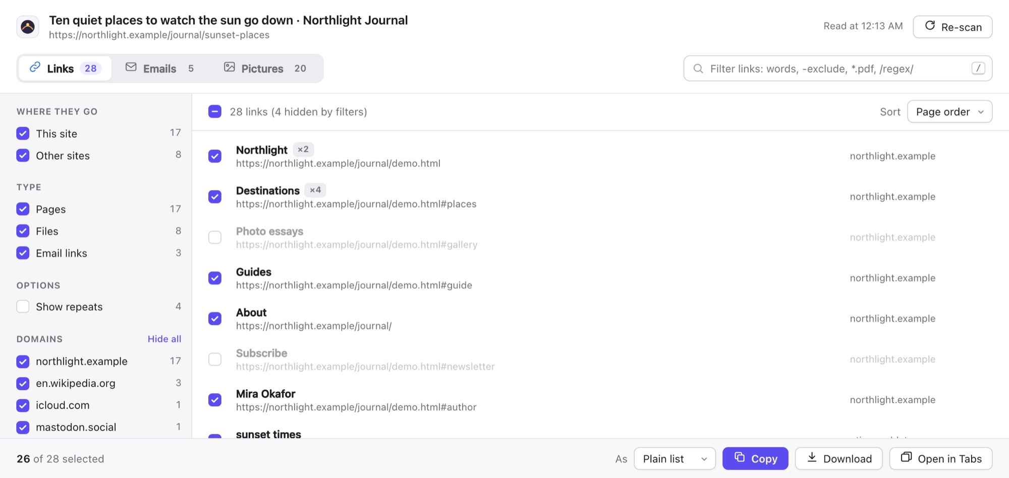 The extractor showing the links on a travel article, with filters for site, type and domain