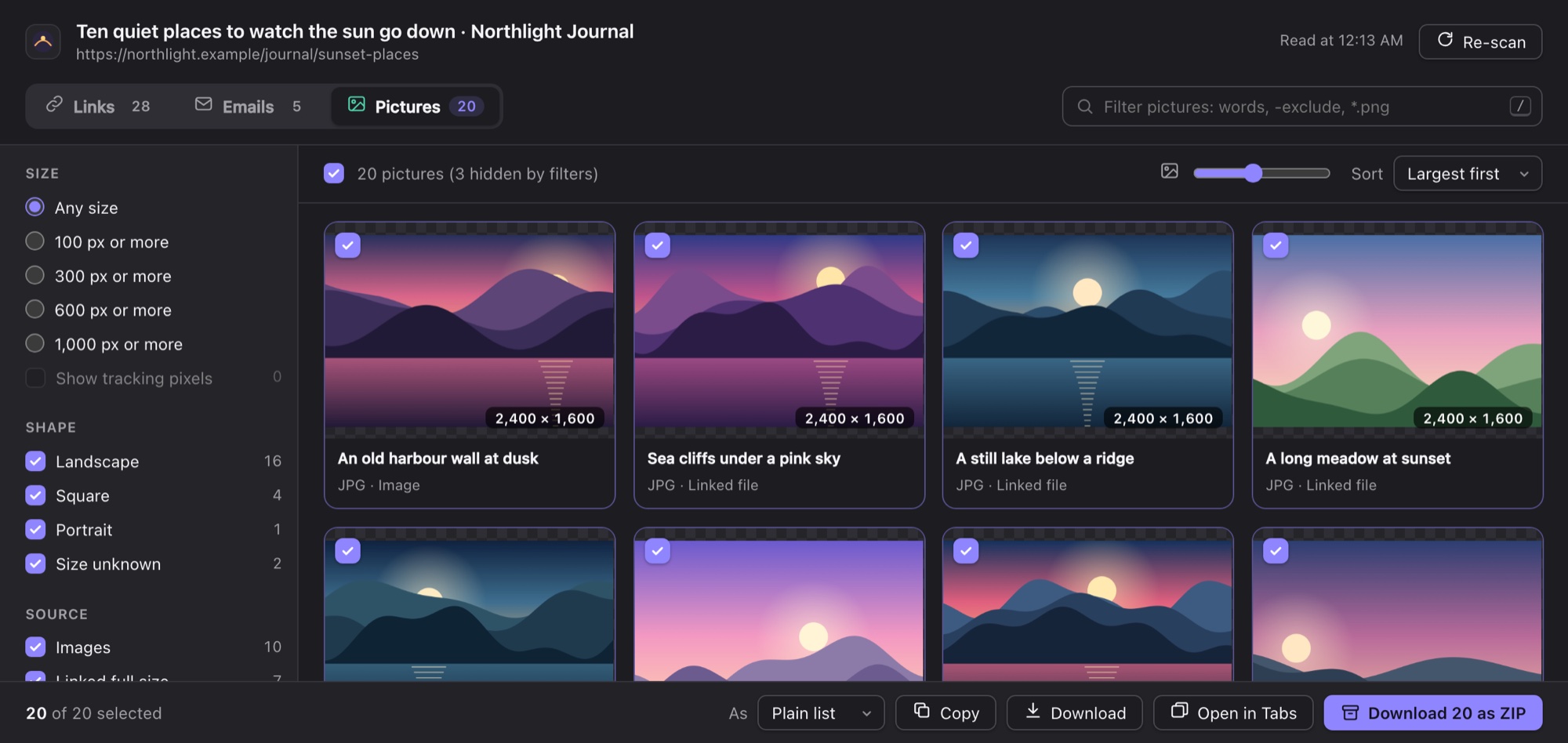 A grid of pictures sorted largest first, in dark mode