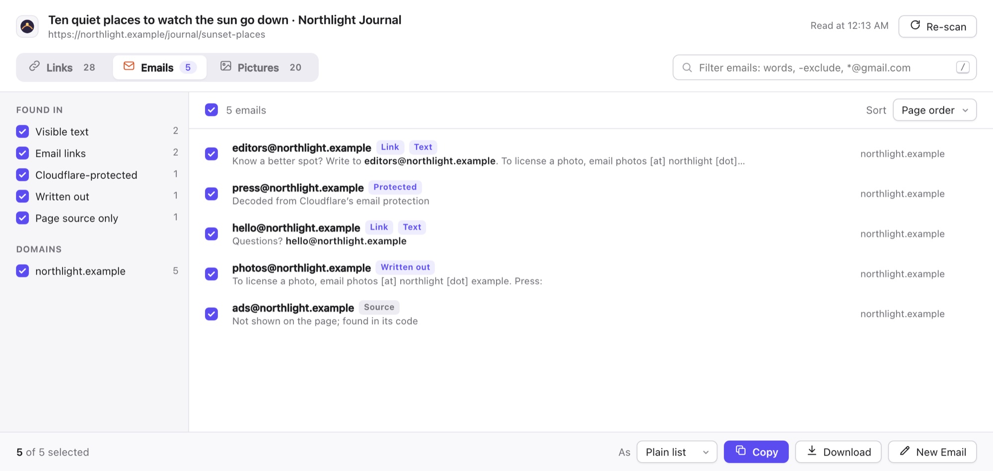 Five email addresses with labels showing where each was found