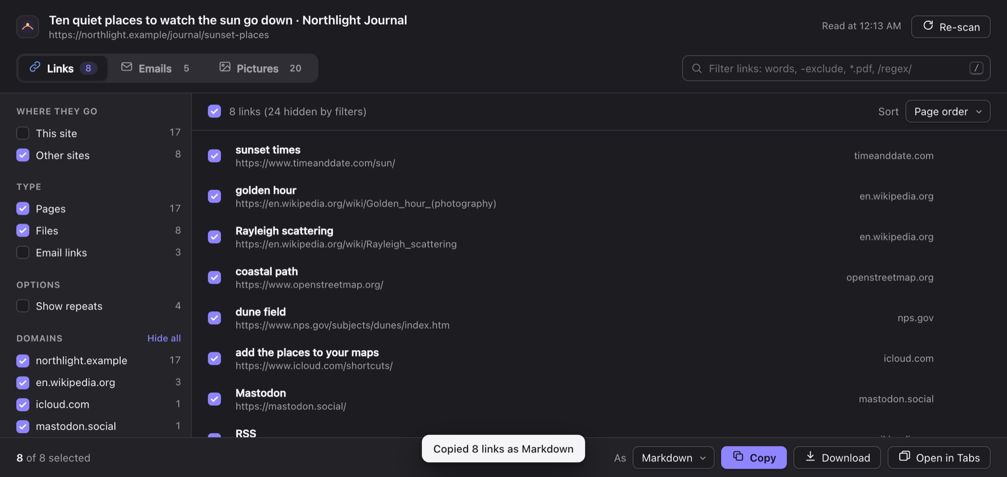 External links copied as Markdown, in dark mode
